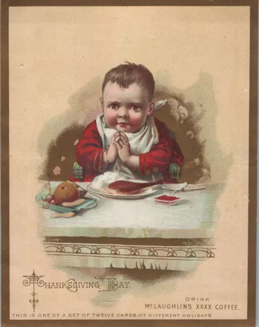 McLaughlin's XXXX Coffee Thanksgiving Day Boy Praying Victorian Trade Card 1800s