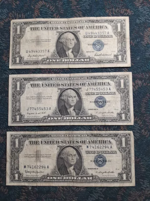 3 Pc. 1957, 1957-A, 1957-B Silver Certificate One Dollar Bill ( Circulated )