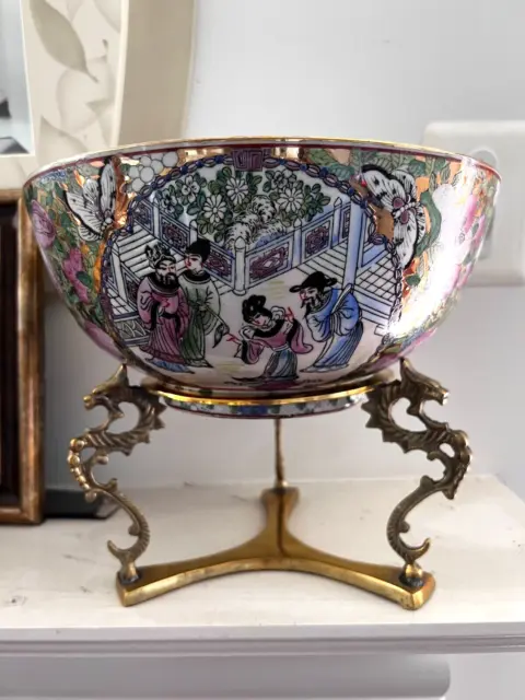 Vintage Hand Painted Famille Rose LARGE BOWL W/ Dragon BRASS STAND