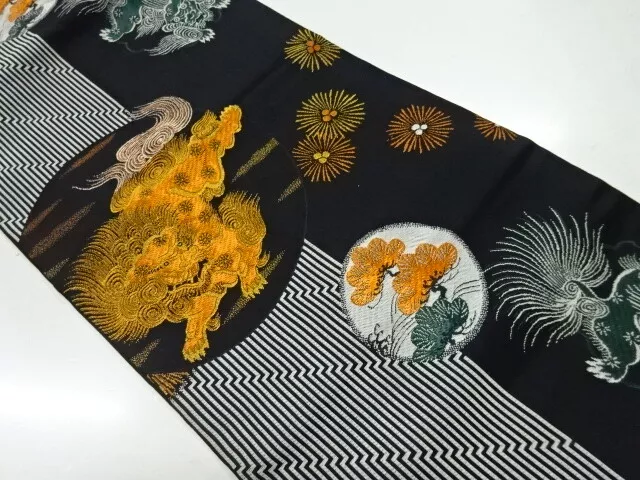 83355# JAPANESE KIMONO / ANTIQUE NAGOYA OBI / TAISHO ROMAN STYLE / WOVEN LION &a