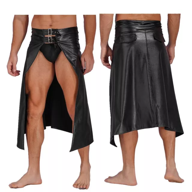 Mens Faux Leather Gothic Punk Cosplay Costume Open Front Asymmetrical Hem Skirts