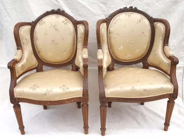 Rare French Pair Child Arm Chair Bergere Louis XVI Style Carved Wood Flower 19 C