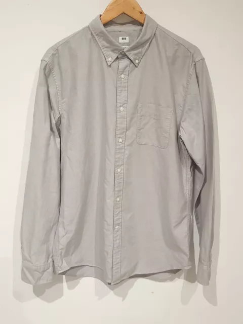 Uniqlo Men's Slim Fit Grey Oxford Shirt with Button Down Collar Size Large