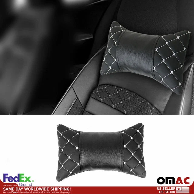 1x Car Seat Neck Pillow Head Shoulder Rest Pad PU Leather Black with White
