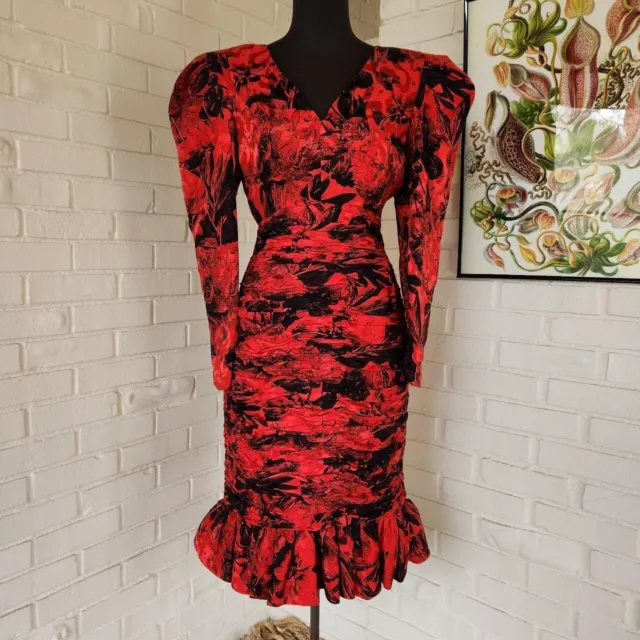 Vtg 80s 90s Raul Blanco Dress Silk Puff Sleeve Peplum Black Red Floral Evenings