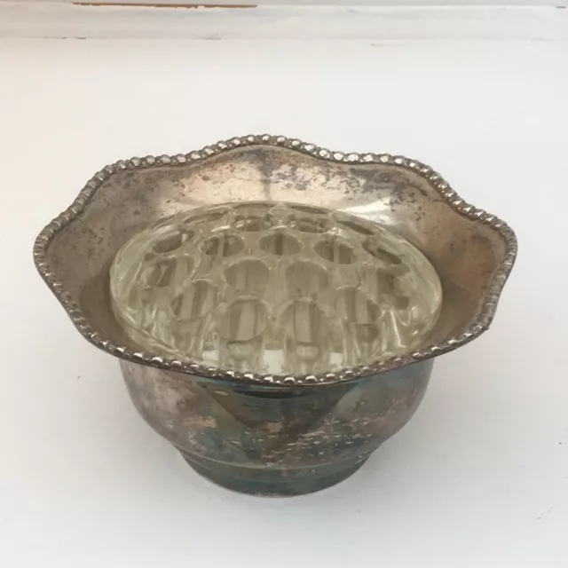 Vintage Silver Plated Posy Bowl With Glass Flower Frog