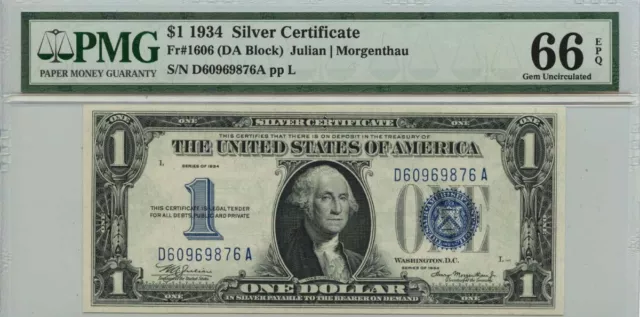 1934 $1 Silver Certificate Blue Seal Fr# 1606 PMG Gem66 EPQ