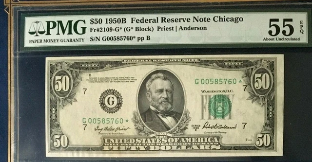 1950B $50 Pmg55 Epq About Uncirculated, * Star *,  Federal Reserve Note Chicago