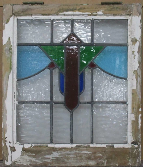 MIDSIZE OLD ENGLISH LEADED STAINED GLASS WINDOW Colorful Geometric 20.5" x 23.75