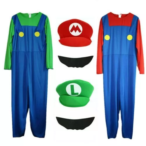 Mens Womens Adult Kids Super Mario Luigi Bros Cosplay Fancy Dress Outfit Costume