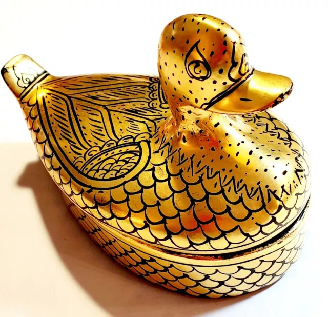 Vintage Burmese Gold Lacquerware Duck Trinket Box 5" Black Interior