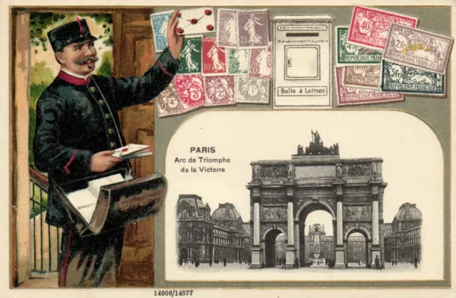 PC STAMPS, PARIS ARC DE TRIOMPHE, Vintage EMBOSSED Postcard (b47915)