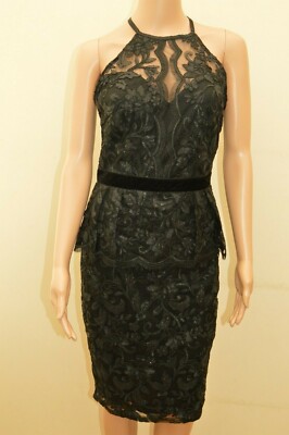 New Lipsy VIP Lace Floral Sequin Halter Black Peplum Midi Dress Sz UK 10 & 12