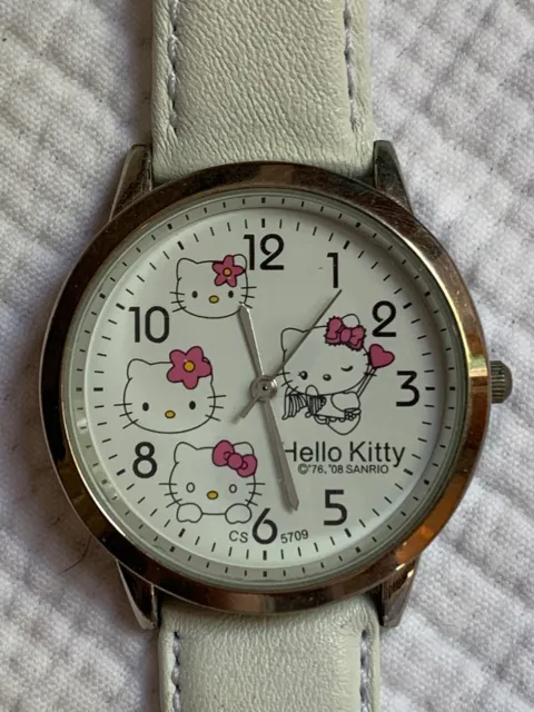 Hello Kitty Face With Pink Bow & White New Leather Band Girls Womans Watch