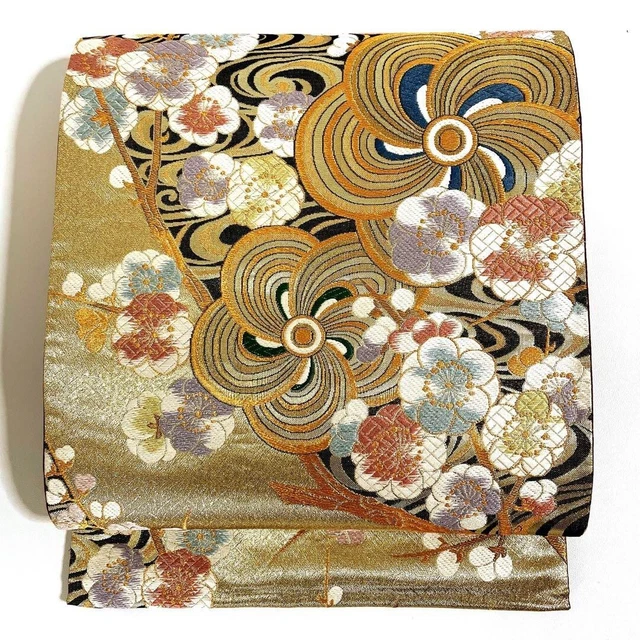 Woman Japanese Kimono Fukuroobi Silk Plum Blossom Karaori Gold Foil