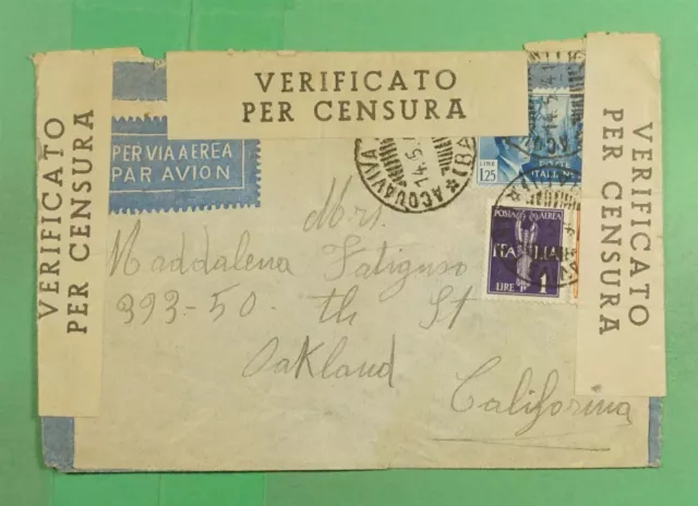 DR WHO 1941 ITALY WWII CENSORED ACOUAVIVA AIRMAIL TO USA j46129