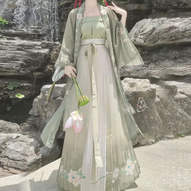 Chinese Hanfu Dress 3Pcs Set Green Maxi Dress Chinese Ancient Embroidery Dress