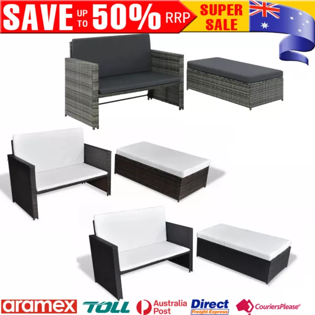 2 Piece Patio Garden Lounge Set with Cushion Poly Rattan Steel Sofa Bed & Stool