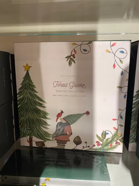 NIB Pottery Barn Forest Gnome Christmas Yuletide Stoneware Salad Plates Set Of 4