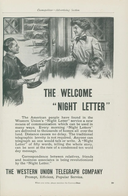 1910 Western Union Welcome Night Letter Delivery Uniform Vintage Print Ad CO2