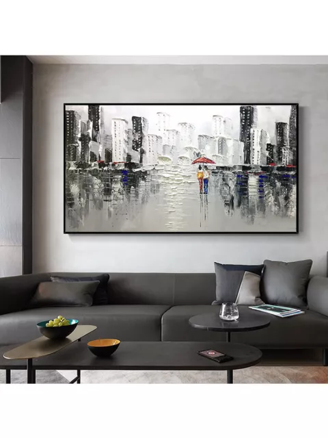 H1511 Large True Hand-Painted Abstract City Decor Painting Streetscape Unframed