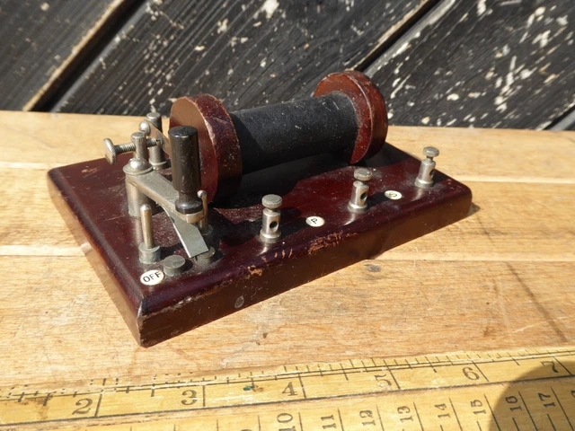 ANTIQUE ELECTRICAL COIL Science Instrument on wooden base with switch ...