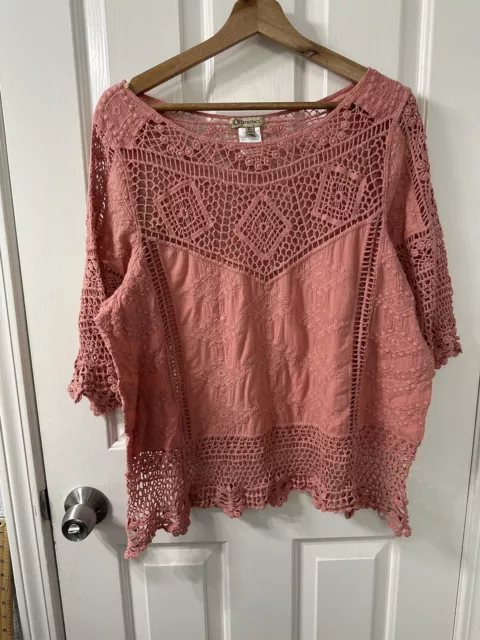 Democracy Women’s Size XL Open Lace 3/4 Sleeve Salmon Pink Cotton Top Blouse