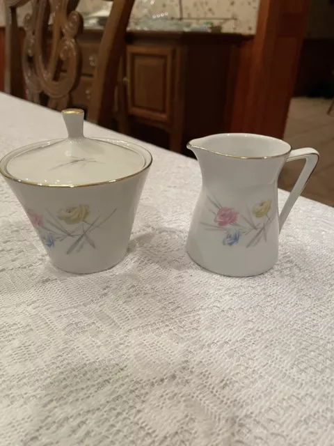 Schirnding Bavaria Pink and Blue Flower Porcelain Creamer Sugar Bowl Germany