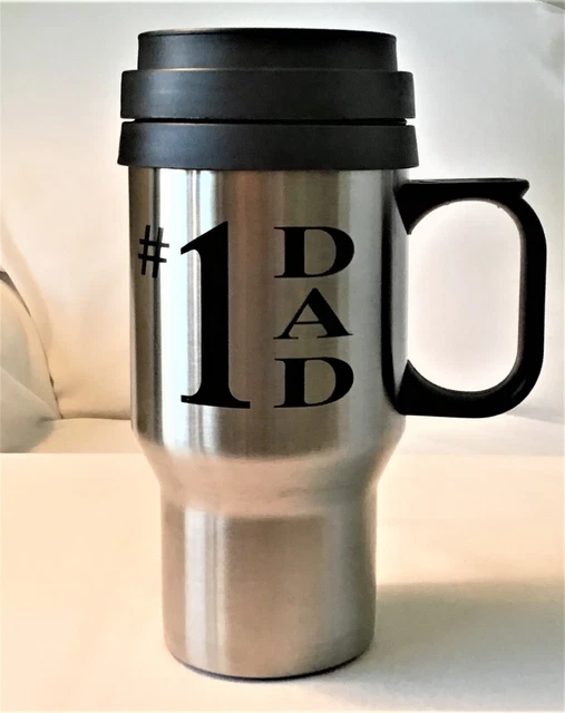 Insulated 16 oz Thermal Travel Mug, Stainless Steel, Coffee Cup Handle, #1 DAD