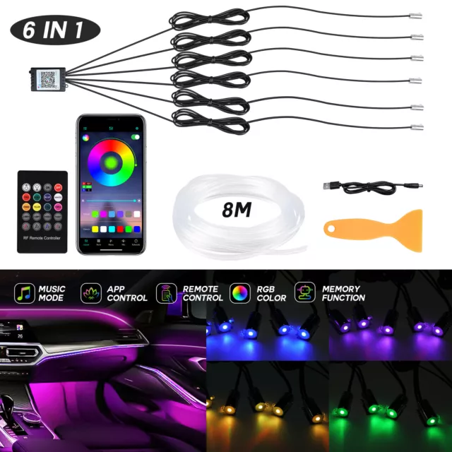 6 IN 1 LED 8M 2mm RGB Car Interior Light Strip Fiber Optic Neon Atmosphere Wires