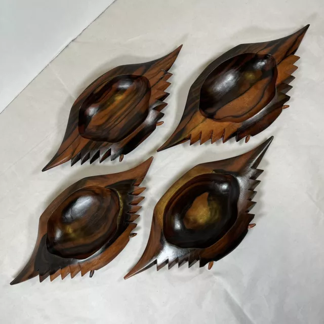 Vintage MCM Crab Bowls Appetizers Guacamole Dip Salad Carved Wood Tiki Set Of 4