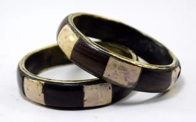 Pair Of Vintage Indian Brass Bangle Mosaic Wood Ivr Inlay Bracelet. i8-41