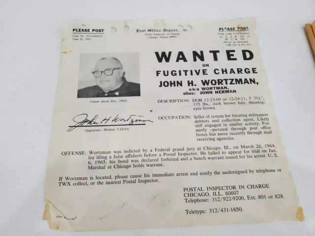 Vintage wanted post office staff flyer Fugitive Charge