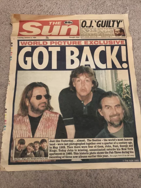 The Beatles Front Page Of The Sun Newspaper 3rd Oct 1995