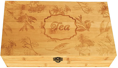 Bamboo Tea Box Tea Chest Adjustable 16 Compartments With Latching Lid Leaves NEW