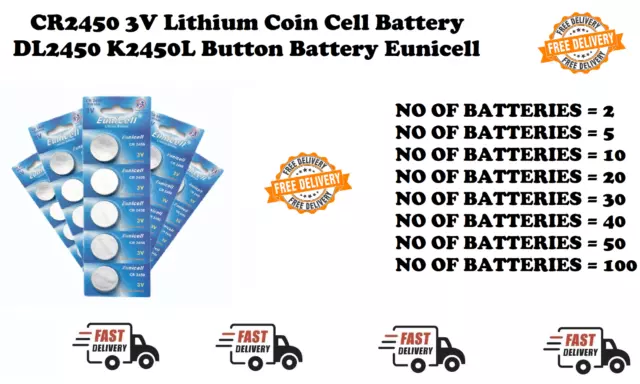 CR2450 3V Lithium Coin Cell Battery DL2450 K2450L Button Battery Eunicell