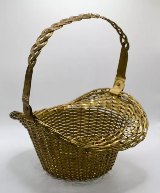 Vintage Solid Woven Brass Basket Wedding Style Made in India 9" Tall