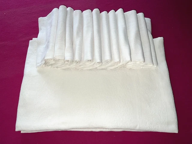 Ancien service de table coton damassé nappe 220 cm x 155 cm + 12 serviettes
