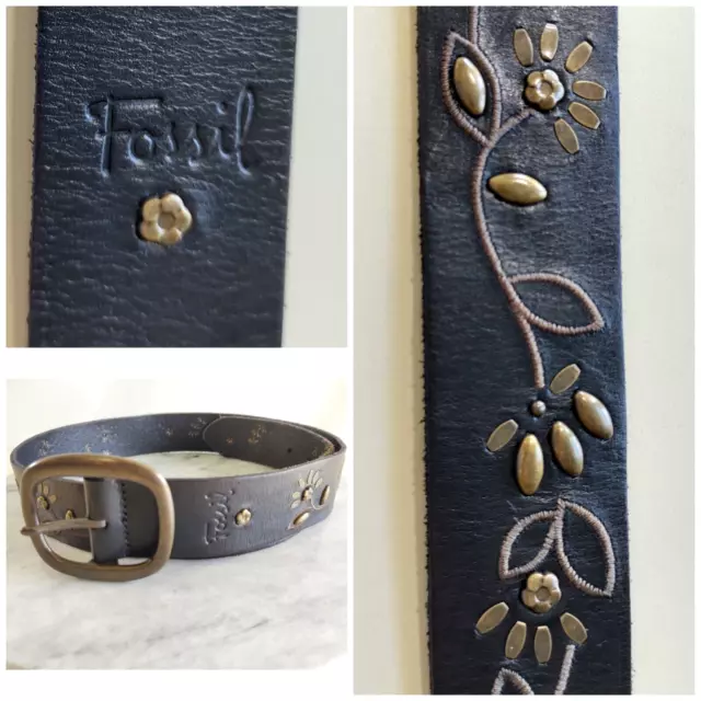 Fossil Genuine Leather Women’s Belt Floral Embroidered Stud Vine Accents Brown~S