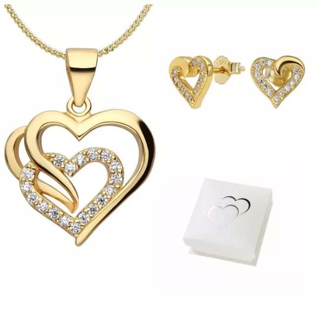 Schmuckset Herz Anhänger mit Kette Ohrringe 925 Silber Gold Geschenke für Damen