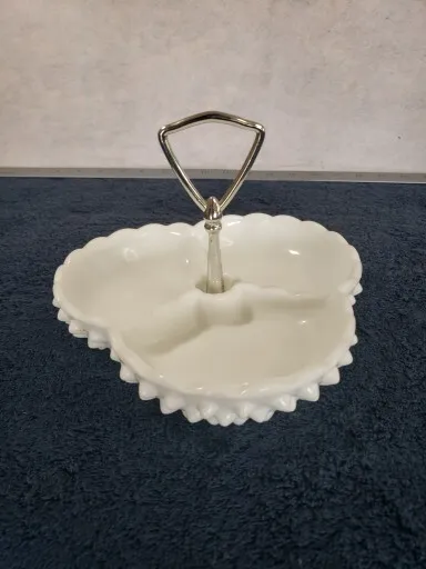 Fenton Milk Glass Hobnail 3 section, Divided Candy/Relish Dish, Center Handle