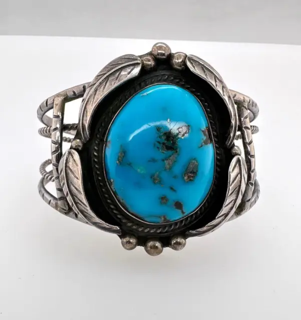 Vintage Large Bisbee Turquoise Stone & Sterling Silver Cuff Bracelet Shadow Box