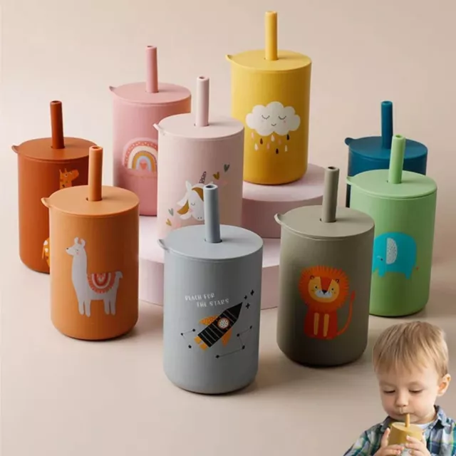 Soft Silicone Baby Feeding Straw Cup Cartoon Toddler Water Bottle