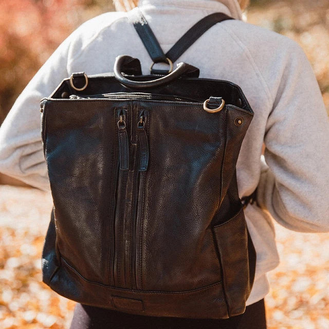 Leather Backpack BLACK Albion Compass  convertible Satchel Purse Crossbody