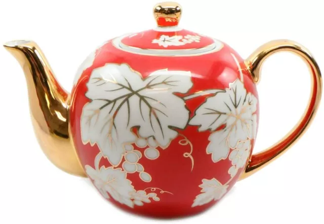 Royalty Porcelain Red Teapot with Gold Spout, Floral Design 'Grape Vine' 32 Oz