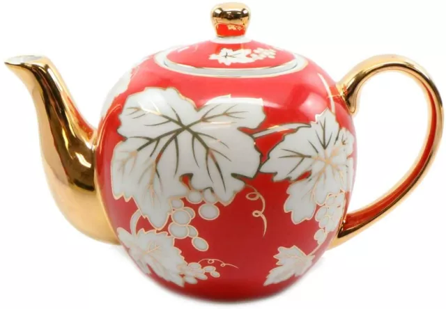 Royalty Porcelain Red Teapot with Gold Spout, Floral Design 'Grape Vine' 32 Oz Royalty Porcelain Red Teapot with Gold Spout, Floral Design 'Grape Vine' 32 Oz