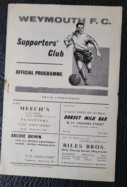 Programme Weymouth V Nuneaton Borough Southern League 1959 / 1960