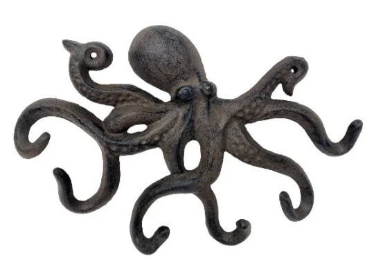 Unique Funky Cast Iron 9.75" Rustic Brown Octopus Coat Hat Key Purse Bag 6 Hook