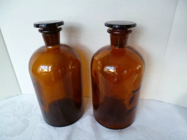 2x Glas Apotheker Flasche, DDR, braun 1 L Stöpsel Schliff, Labor