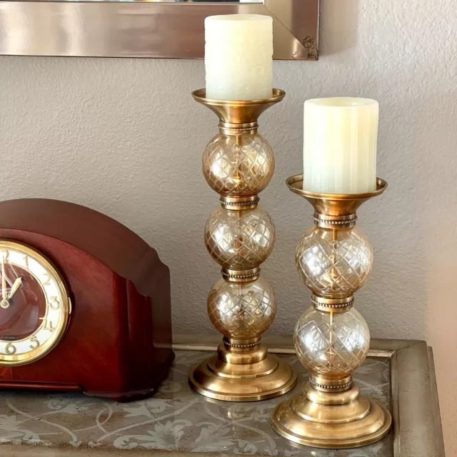 Vintage Pair Of Large Mark Roberts Candle Holders Etched Amber Crystal 1960s MCM